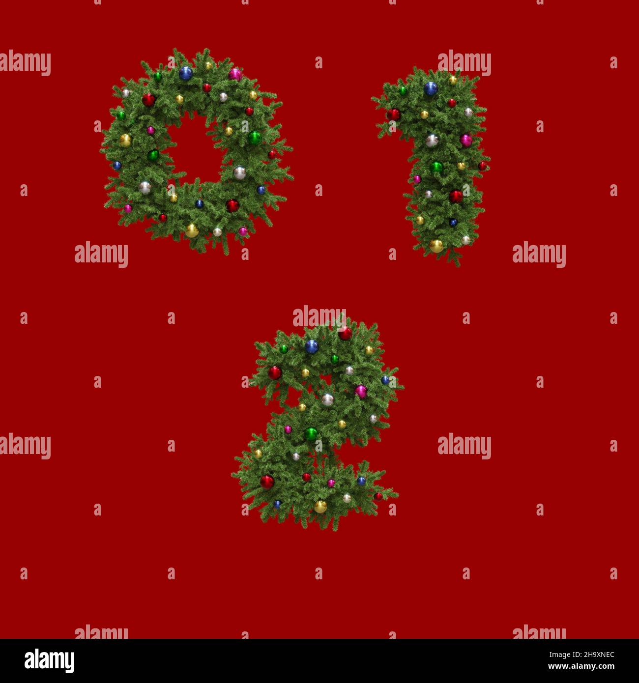 3D rendering of christmas wreath-style alphabet - digits 0-2 Stock Photo