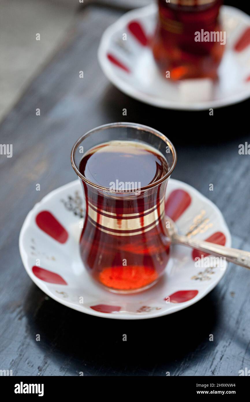 Turkish tea in traditional tulip shaped glasses Stock Photo Alamy