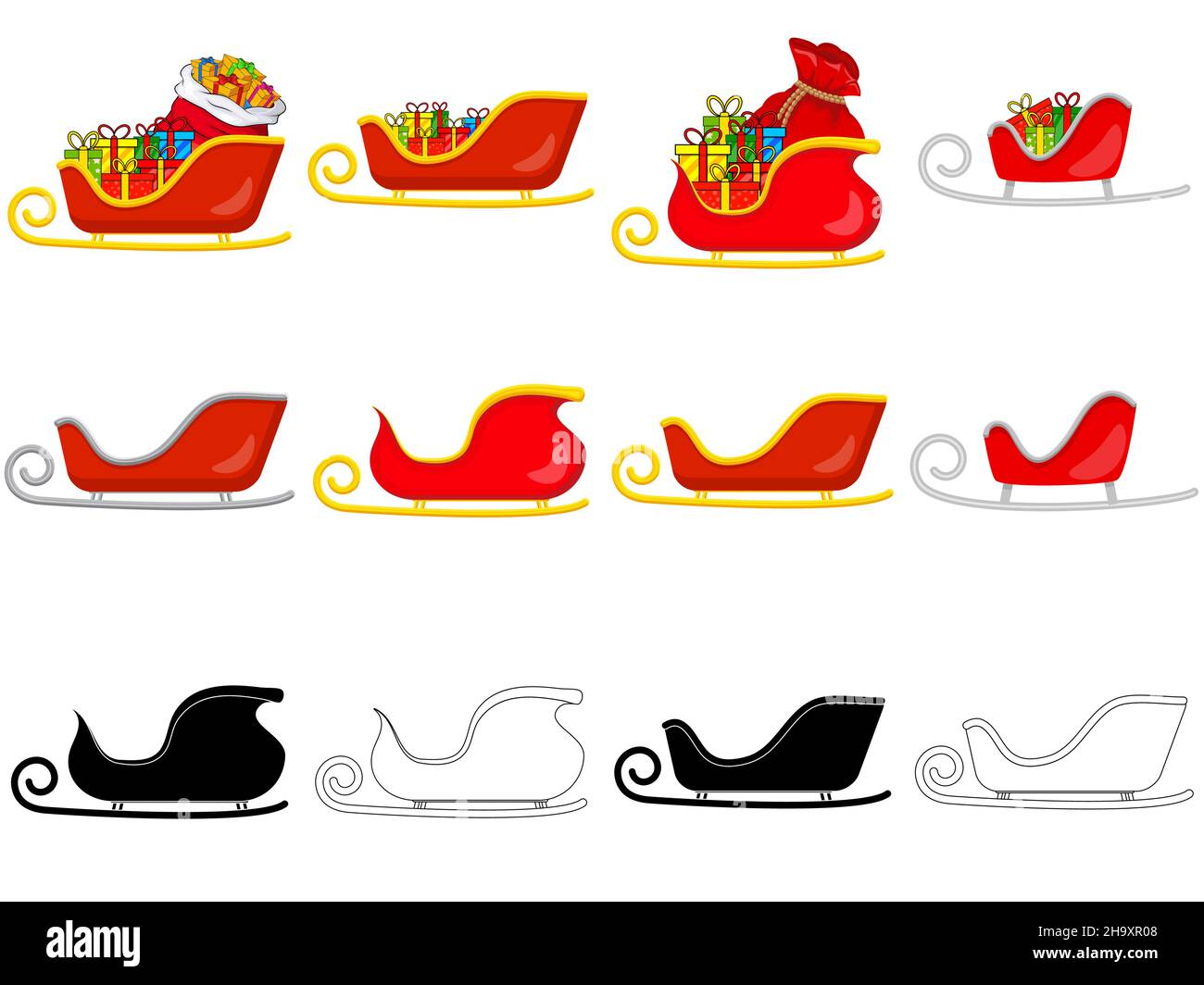 christmas santa claus sleigh stock vector set illustration isolated on white background Stock Vector