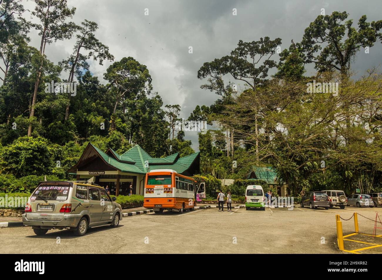 SEPILOK, MALAYSIA - FEBRUARY 19, 2018: Parking lot of Sepilok Orangutan Rehabilitation Centre, Sabah, Malaysia Stock Photo