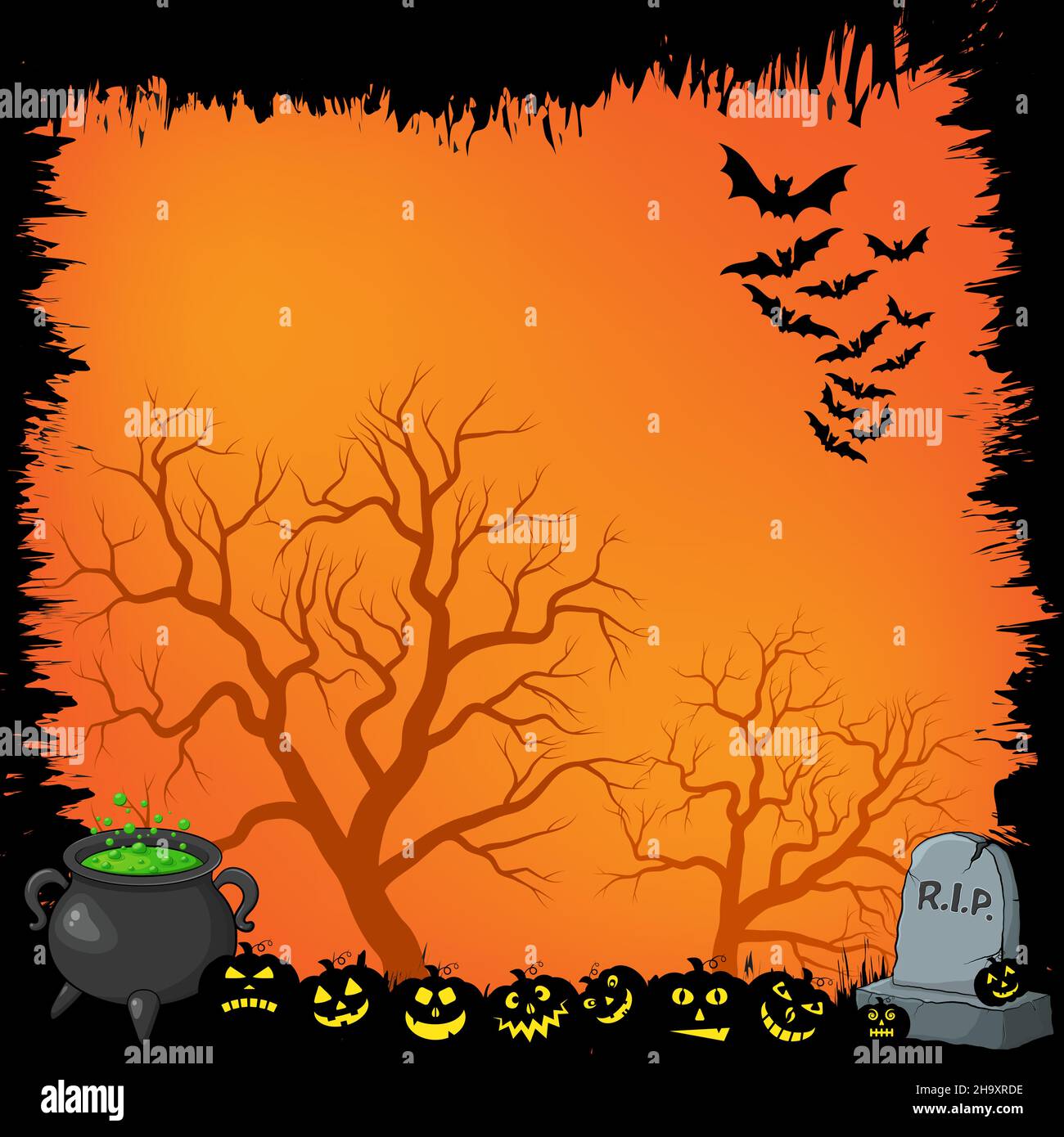 Halloween background. Orange spooky holiday backdrop with pumpkin and flying bats. Vector illustration with copy space. Best for seasonal poster or pa Stock Vector