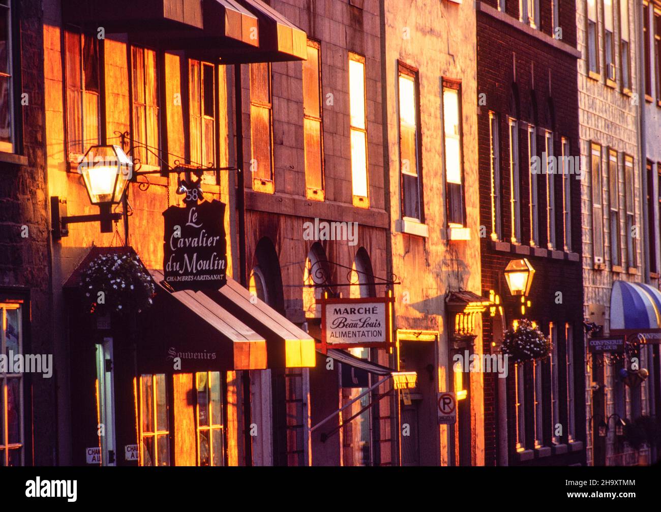 local street scene in the morning sunrise on buildings in old town