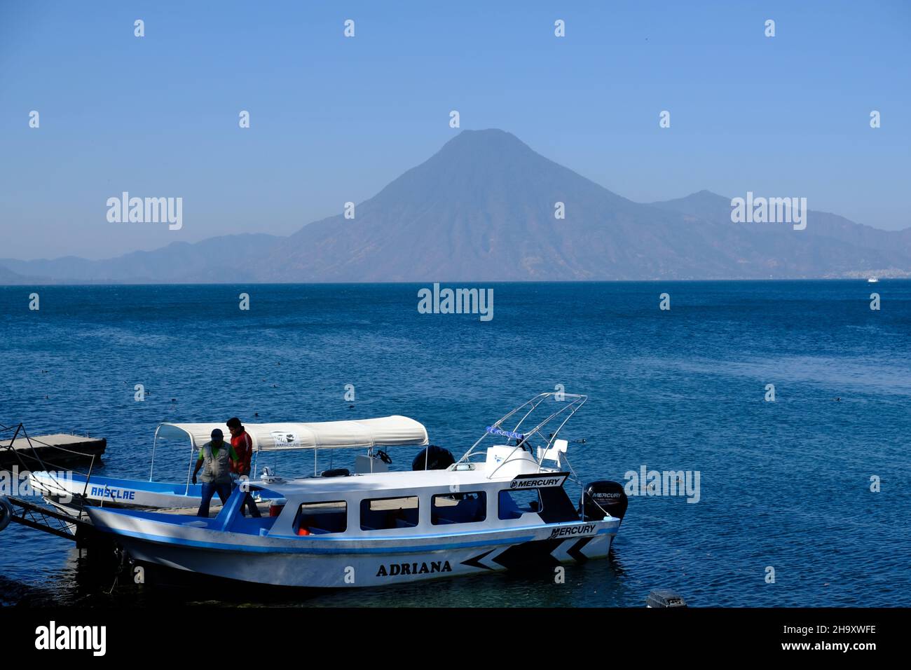Guatemala Panajachel Lake Atitlan - Lago de Atitlan - Scenic crater lake and Atitlan volcano Stock Photo