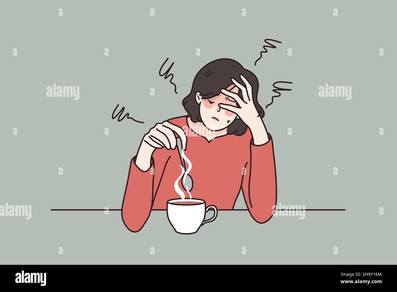Exhausted young woman sit at table drink coffee feel fatigue or drowsiness. Tired female suffer from overwork lack energy need caffeine. Overwhelmed with work. Flat vector illustration.  Stock Vector