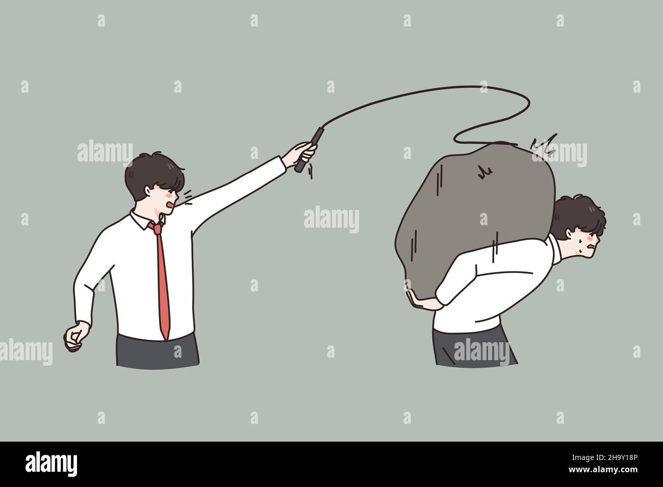 Boss or director tyrant hit male colleague with whip control work coordinates. Authoritarian aggressive businessman scold man employee carry stone. Power and superiority. Flat vector illustration.  Stock Vector