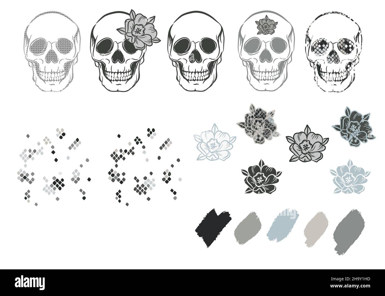 Skulls with flowers and snake skin texture. Floral boho and grunge designs for tshirt print. Stock Vector