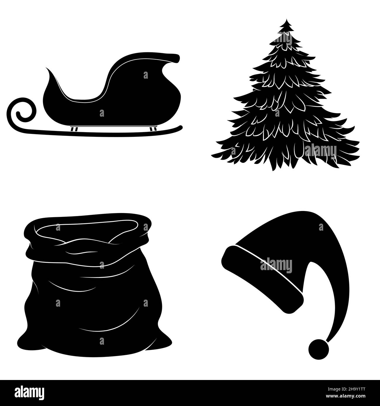 Christmas silhouette icon set. Collection of black december holiday symbol. Black and white illustration isolated on white background. Stock Vector