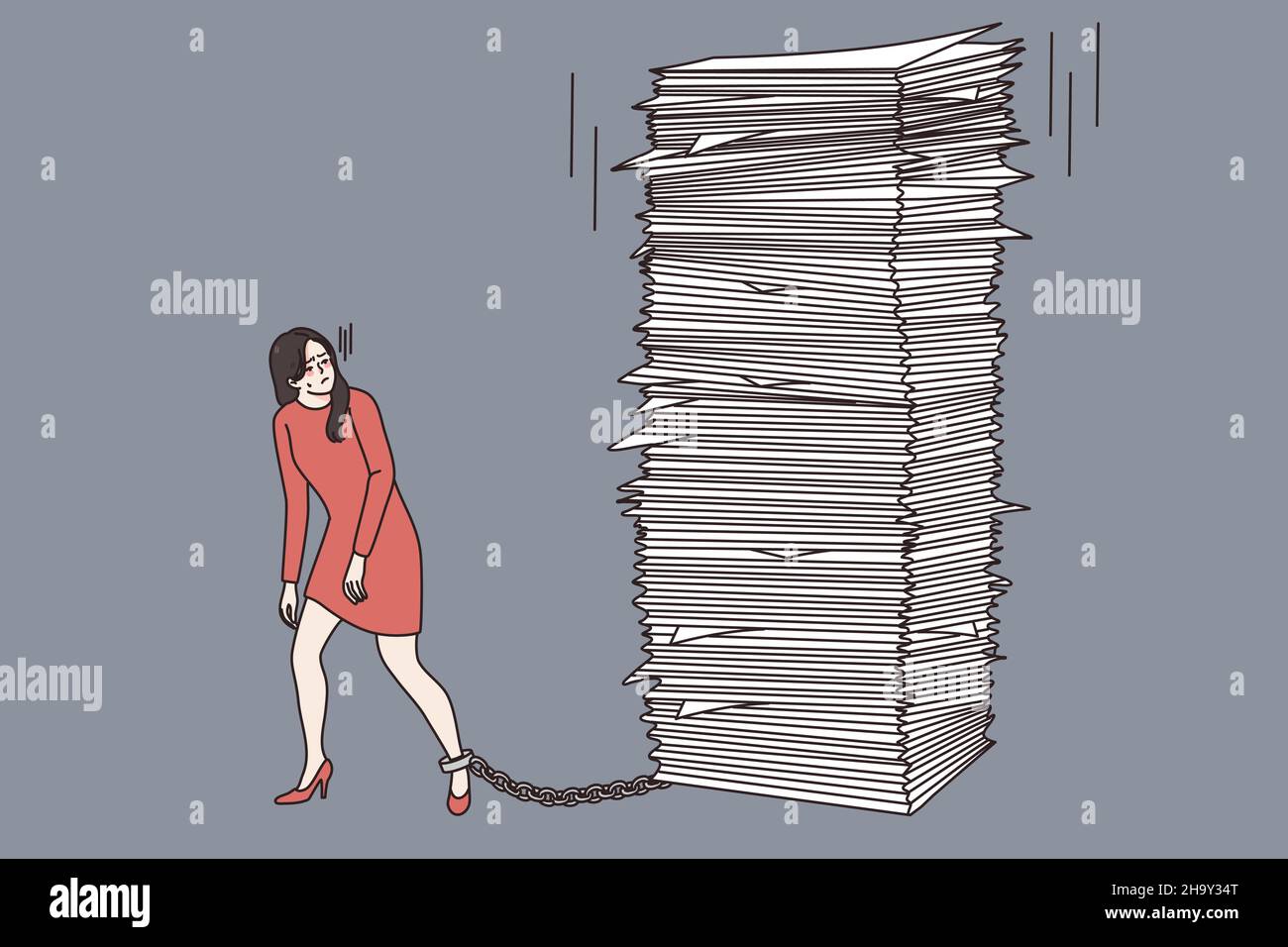 Stressed businesswoman tied by work burden, try to manage meet deadline. Woman employee or worker suffer from workload in office, have stack or paperwork or documents. Vector illustration.  Stock Vector