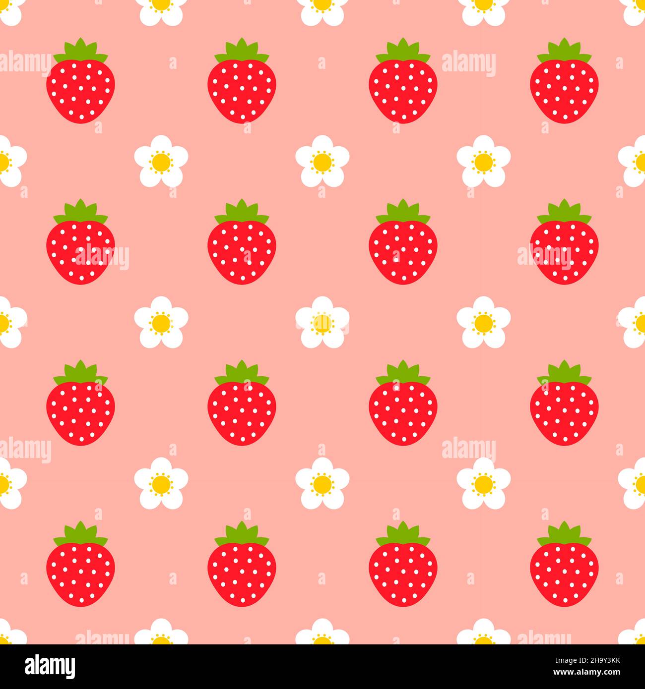 Strawberries and flowers pink seamless pattern. Vector illustration. Stock Vector