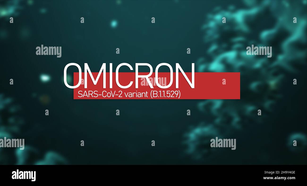 Omicron COVID-19 variant, background with coronavirus germs. SARS-CoV-2, B.1.1.529 Stock Photo