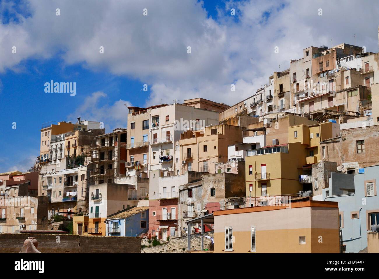 Panorama view of colorful houses in old town of Sciacca, Sicily, Italy