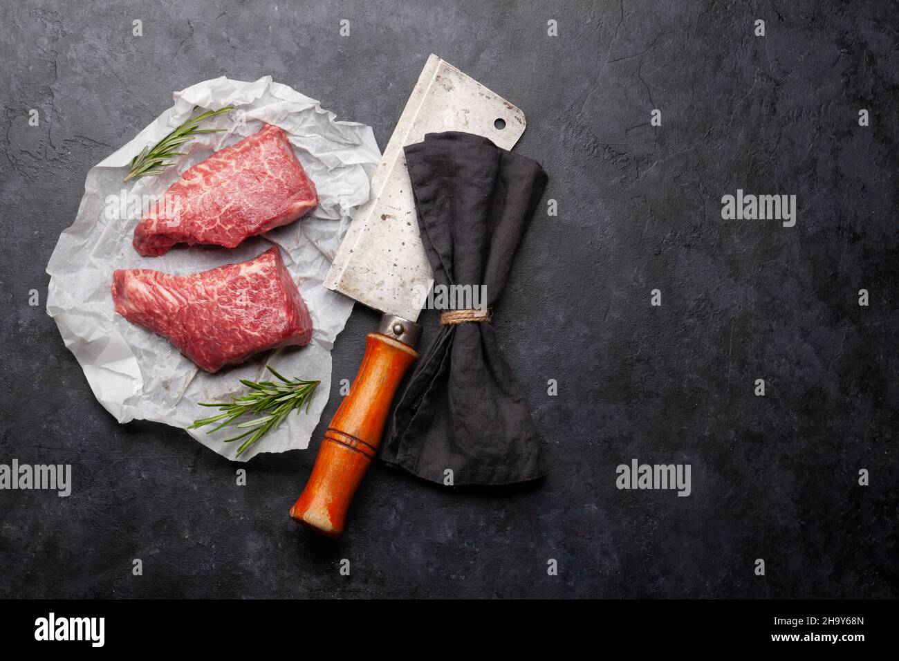 Marbled beef steak. Two fresh raw fillet steaks. Top view flat lay with ...