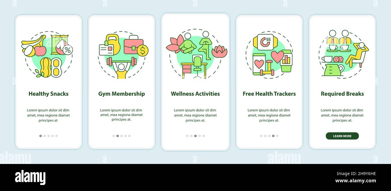 Health and wellness perks onboarding mobile app page screen Stock ...