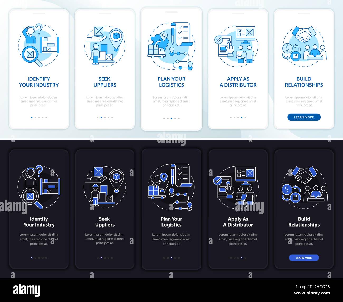 Distribution business steps onboarding mobile app page screen Stock Vector
