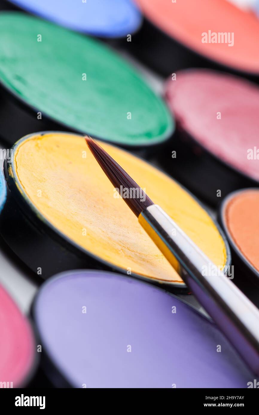 brush, makeup, colorful, palette, color box, different, make-up colors, orange, oblique, selection, objects, several, make-up, mix, background, some, Stock Photo