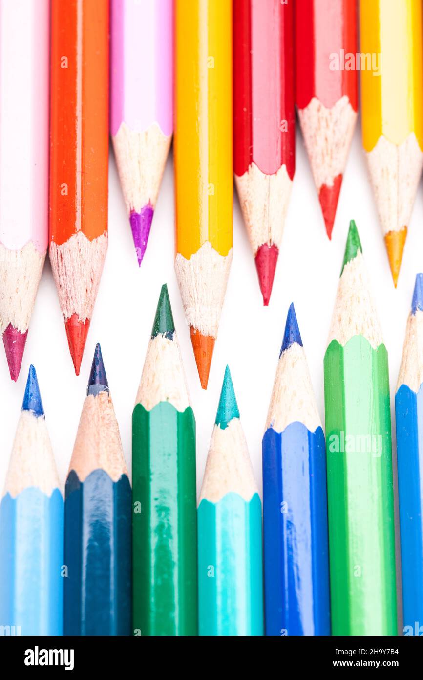 crayons, pencils, paint, straight, against each other, tip, pen cold, warm, hue, together, tips, colorful, grouper, selection, wood, many, several, a Stock Photo