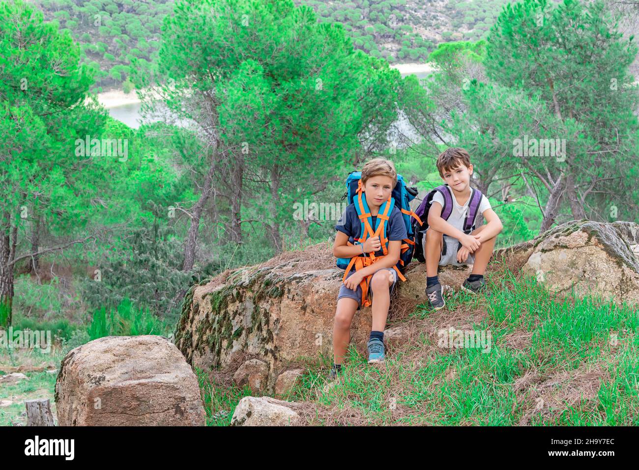 Two hiking boys with their backpacks resting on a rock after a long hike. Boy scouts hiking in the forest. Stock Photo