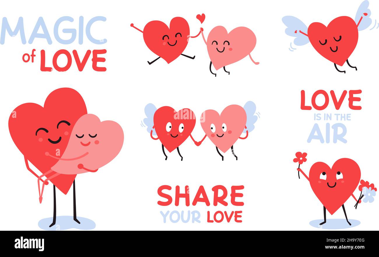 Set of cute Valentine heart characters. Vector illustrations of couple in  love. Two hearts. Romantic partners concept. Flying cartoon angel. Love is  Stock Vector Image & Art - Alamy