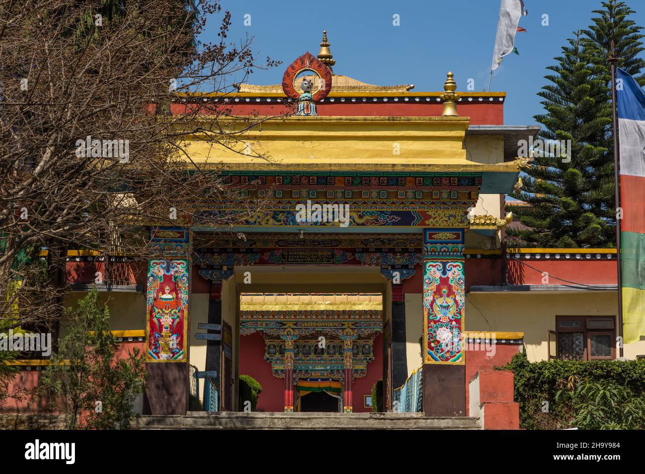 The ornately decorated gate of the Sechen Monastery, a Buddhist monastery in Kathmandu, Nepal. Stock Photo
