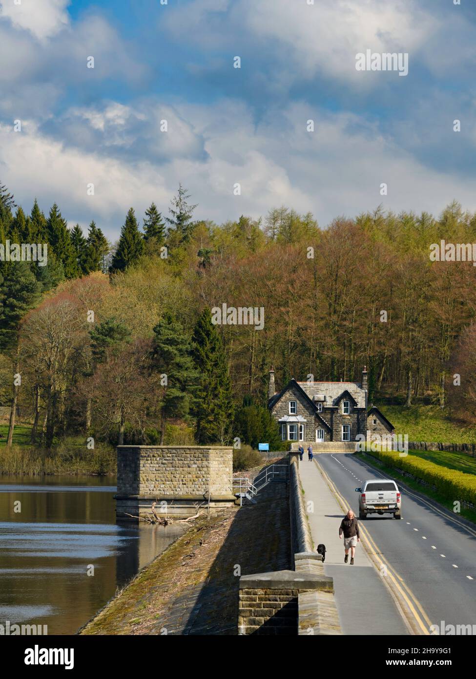 Sunny scenic rural countryside (walkers on pavement, car on road, valve ...