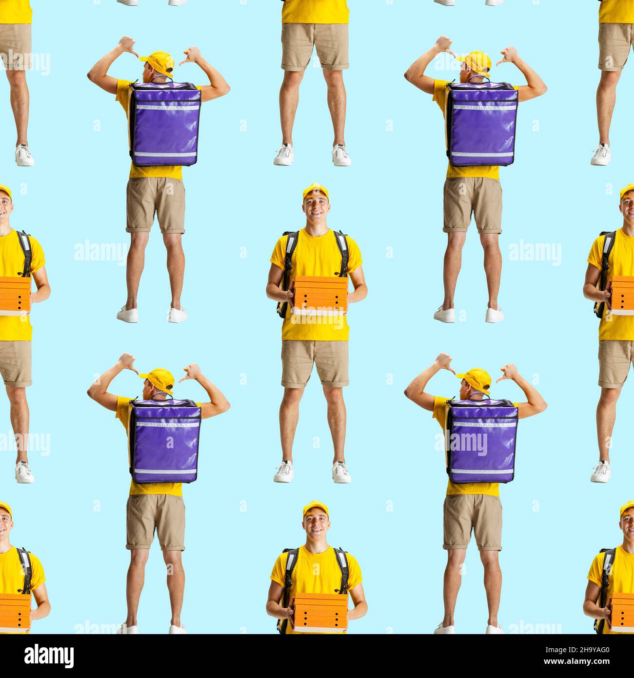 Seamless pattern made of portraits of delivery man in yellow uniform isolated on light blue background. Stock Photo