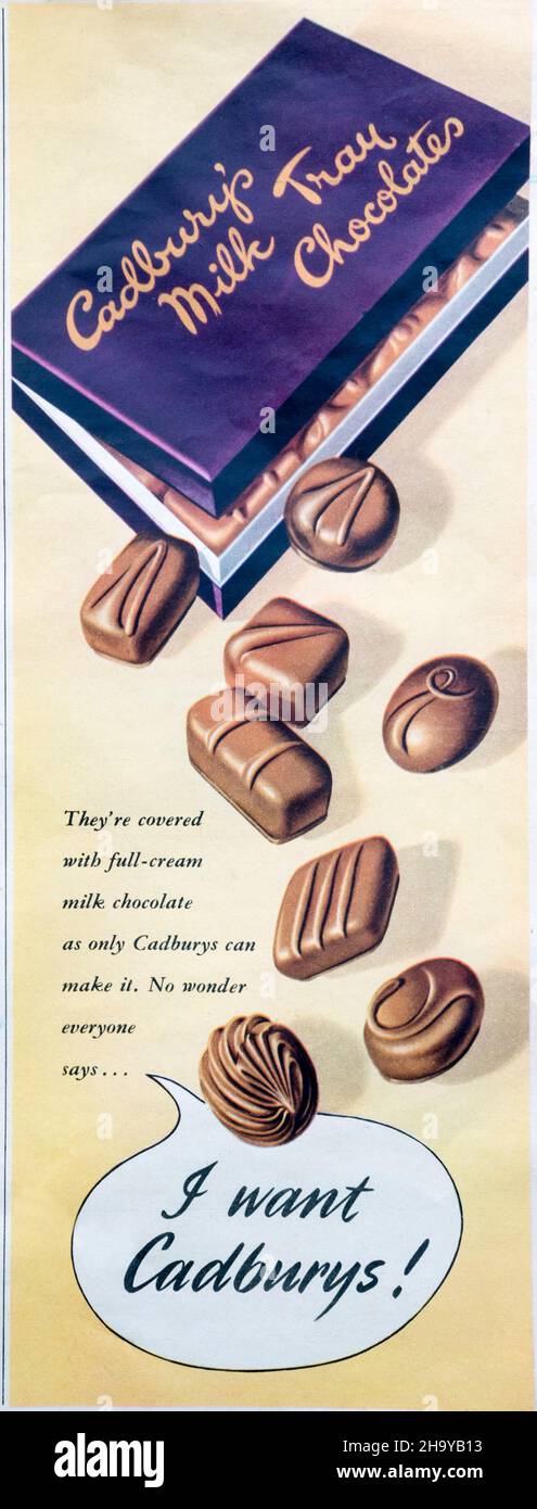 A December 1950 magazine advert for Cadbury's Milk Tray chocolates. Stock Photo