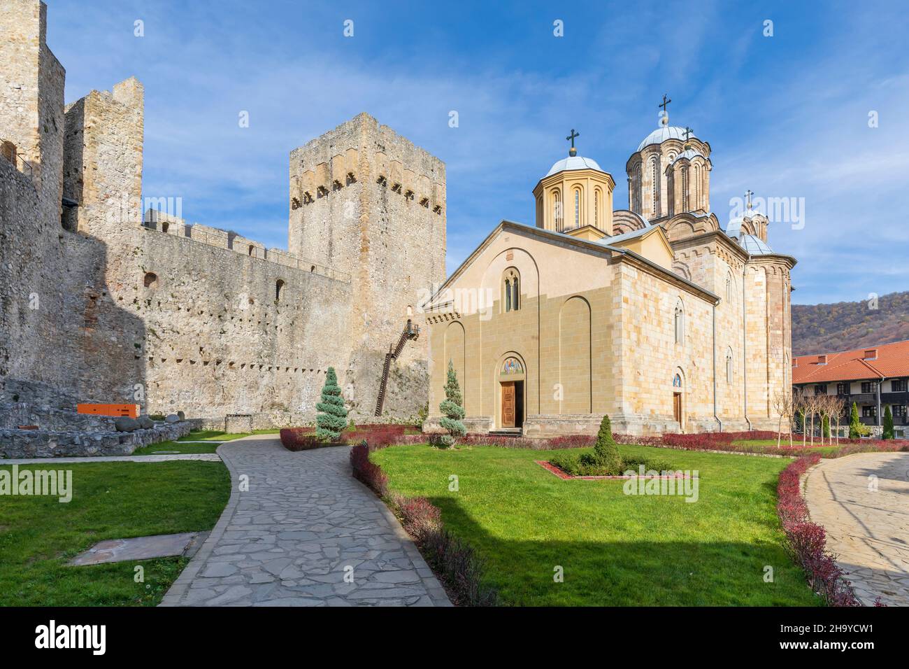 Manasija Monastery also known as Resava. Medieval Serbian Orthodox monastery, church is dedicated to the Holy Trinity. Endowment of Despot Stefan Laza Stock Photo