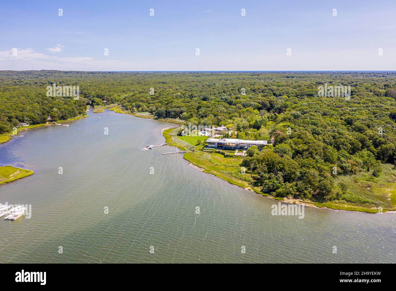 Aerial view of Bull Head Bay and the homes on West Neck Lane, Southampton, NY Stock Photo
