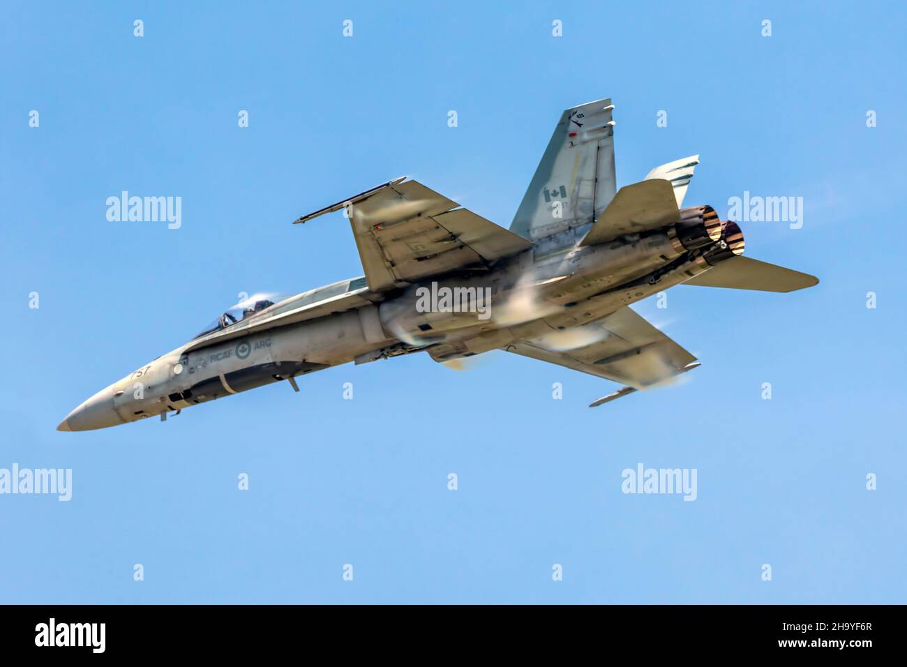 A Royal Canadian Air Force CF-18 Hornet demonstration during a performance at Airshow London SkyDrive held in London, Ontario, Canada. Stock Photo