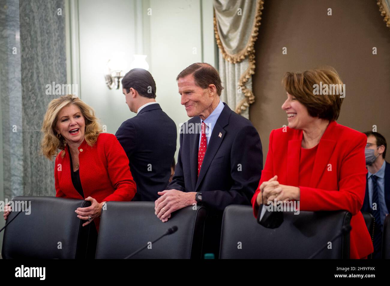 Prior to the testimony of Adam Mosseri, Head of Instagram, United States Senator Marsha Blackburn (Republican of Tennessee), left, United States Senator Richard Blumenthal (Democrat of Connecticut), center, and United States Senator Amy Klobuchar (Democrat of Minnesota), right, arrive at a Senate Committee on Commerce, Science, and Transportation - Subcommittee on Consumer Protection, Product Safety, and Data Security hearing to examine protecting kids online, focusing on Instagram and reforms for young users, in the Russell Senate Office Building in Washington, DC, Wednesday, December 8, 2021 Stock Photo