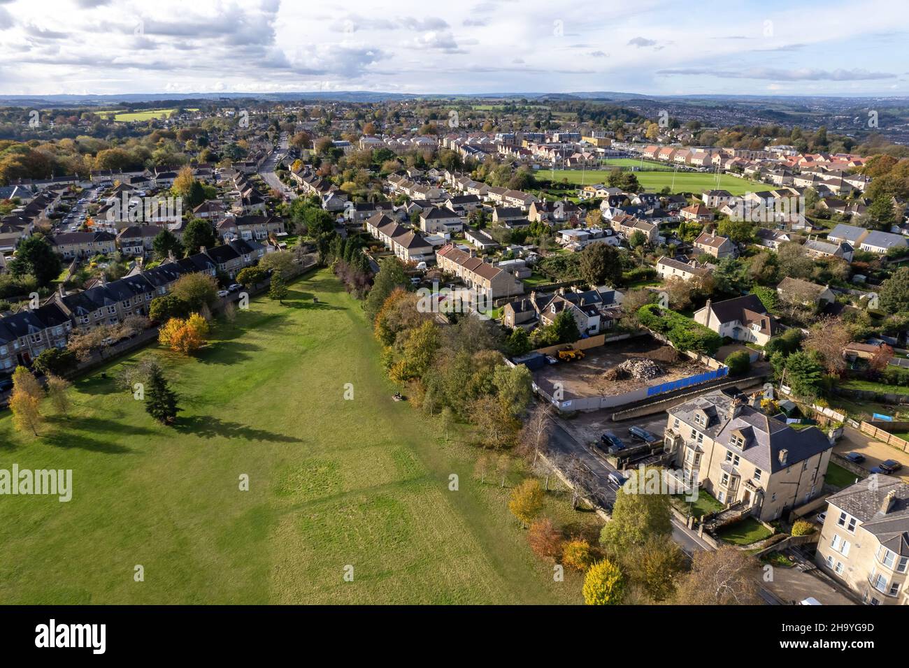 Aerial Drone View over Combe Down, Bath UK, from Firs Field Open Space