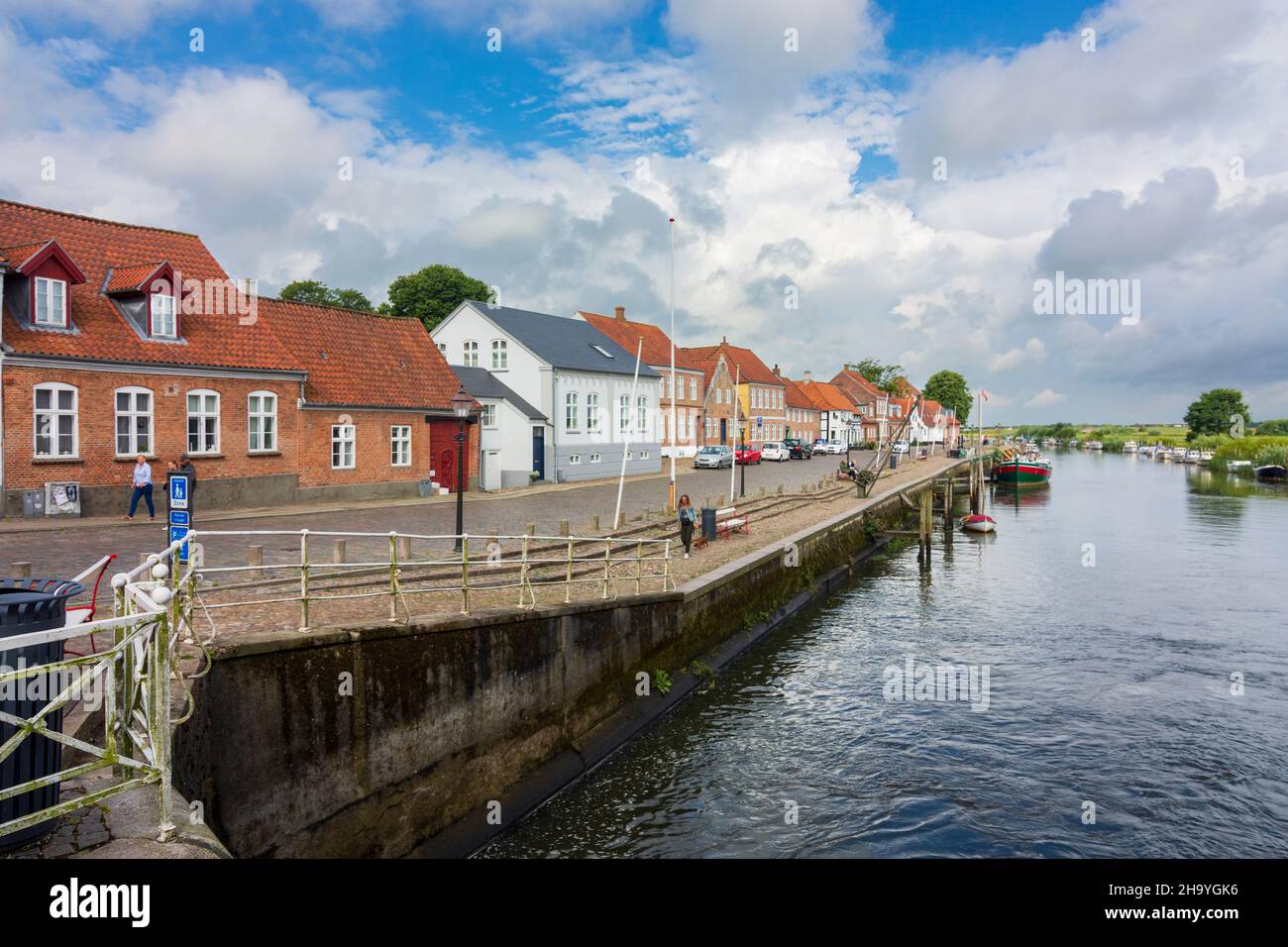 Esbjerg river Ribe, old harbor, historic boat Johanne Dan, old houses