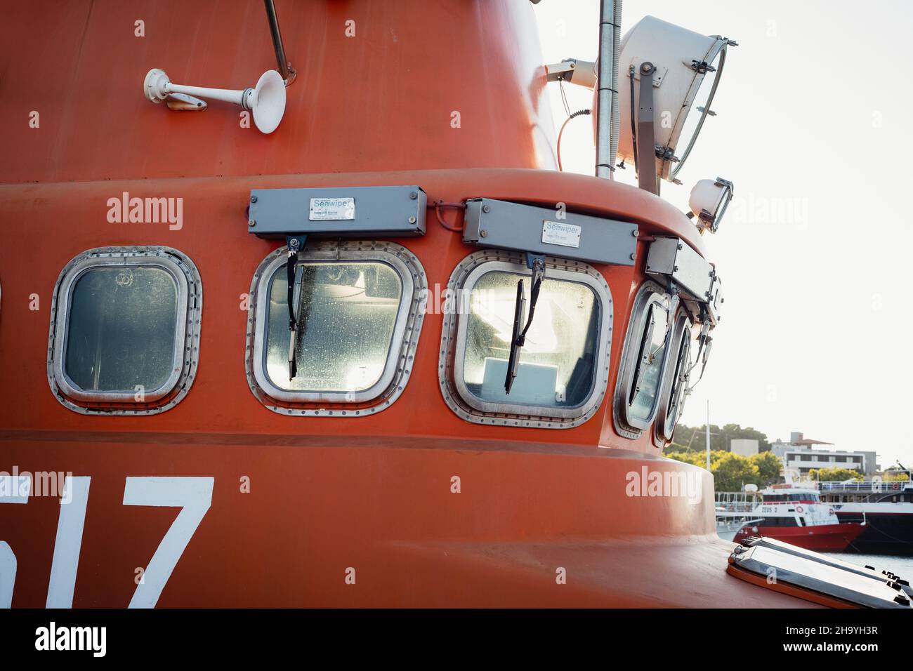 Detail of a rescue boat ready to go in Rhodes, Greece Stock Photo