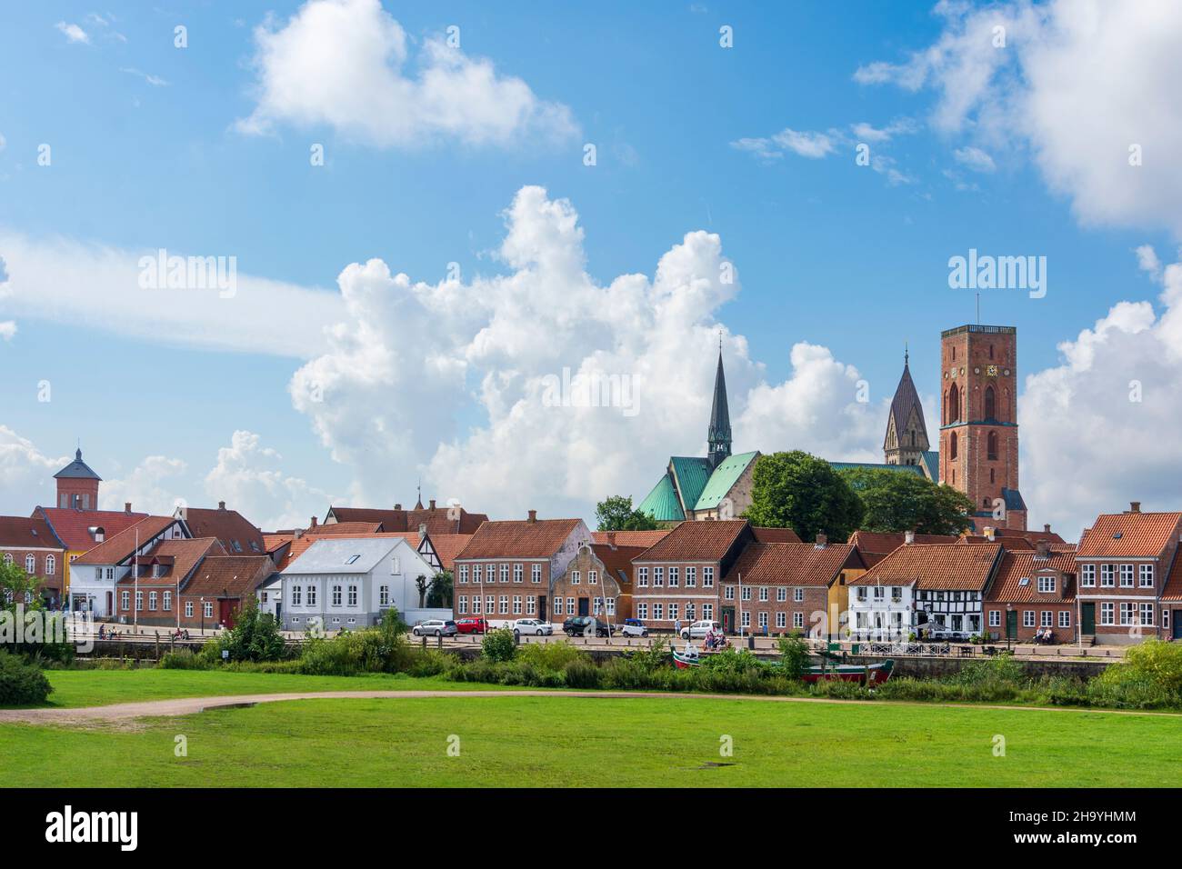 Esbjerg river Ribe, old harbor, historic boat Johanne Dan, old houses
