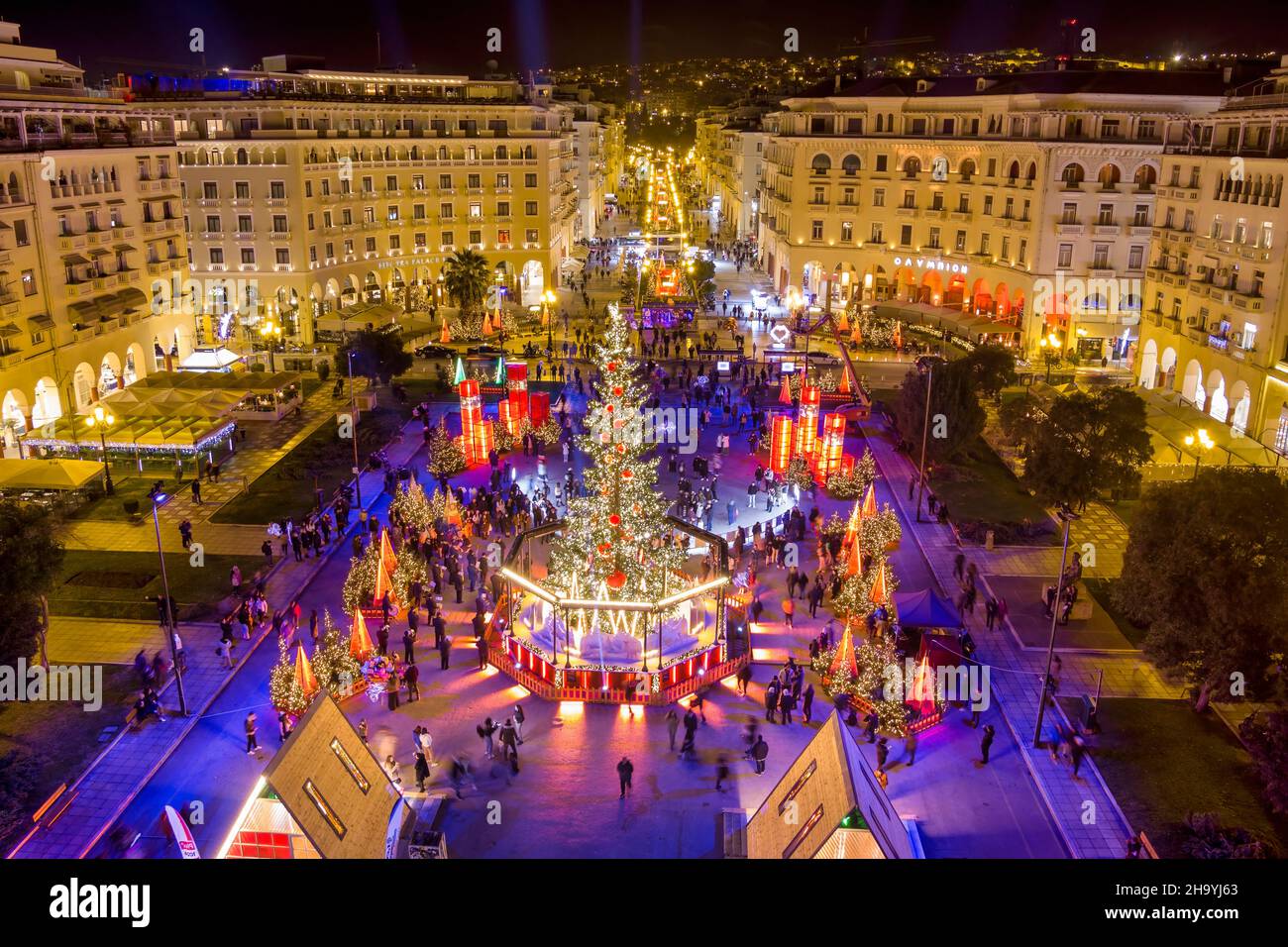 Aerial view of Aristotelous Square in Thessaloniki, Greece, which was decorated for Christmas Stock Photo