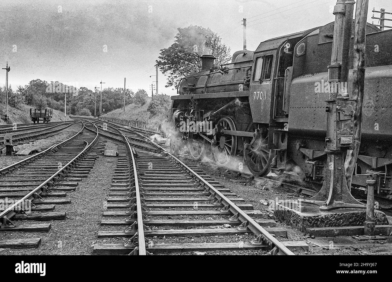 The image from a scanned monochrome negative is of British Railways Standard Class 3; 2-6-0  Heavy locomotive 77011 on the Hexham Riccarton line near Reedsmouth in Northumberland as it was in October 1956. The train was scrapped in 1966 Stock Photo