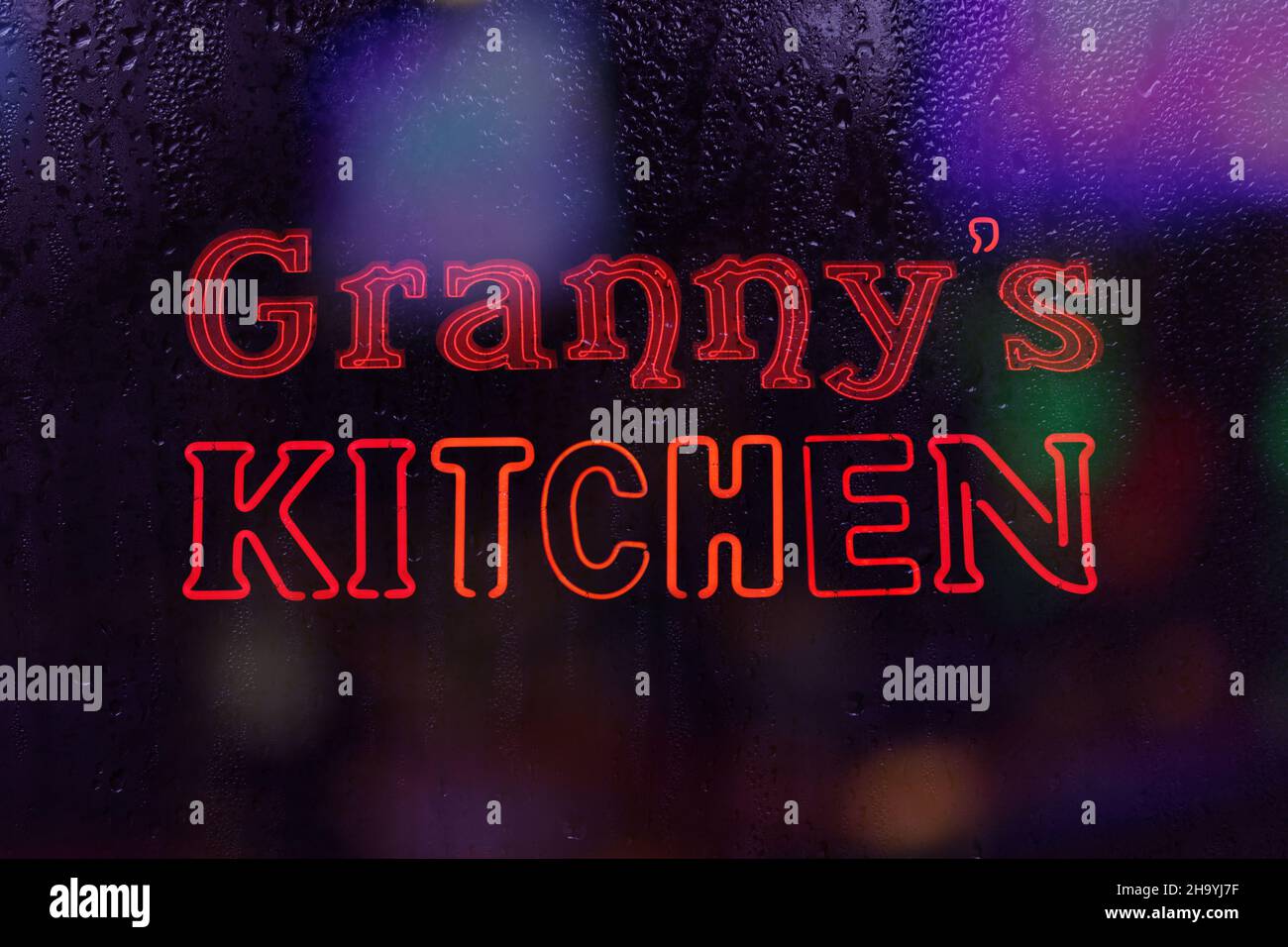 Photo Composite Vintage Neon Sign Granny's Kitchen Stock Photo