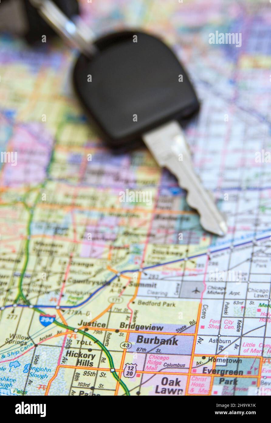 car key on a road map of California Stock Photo