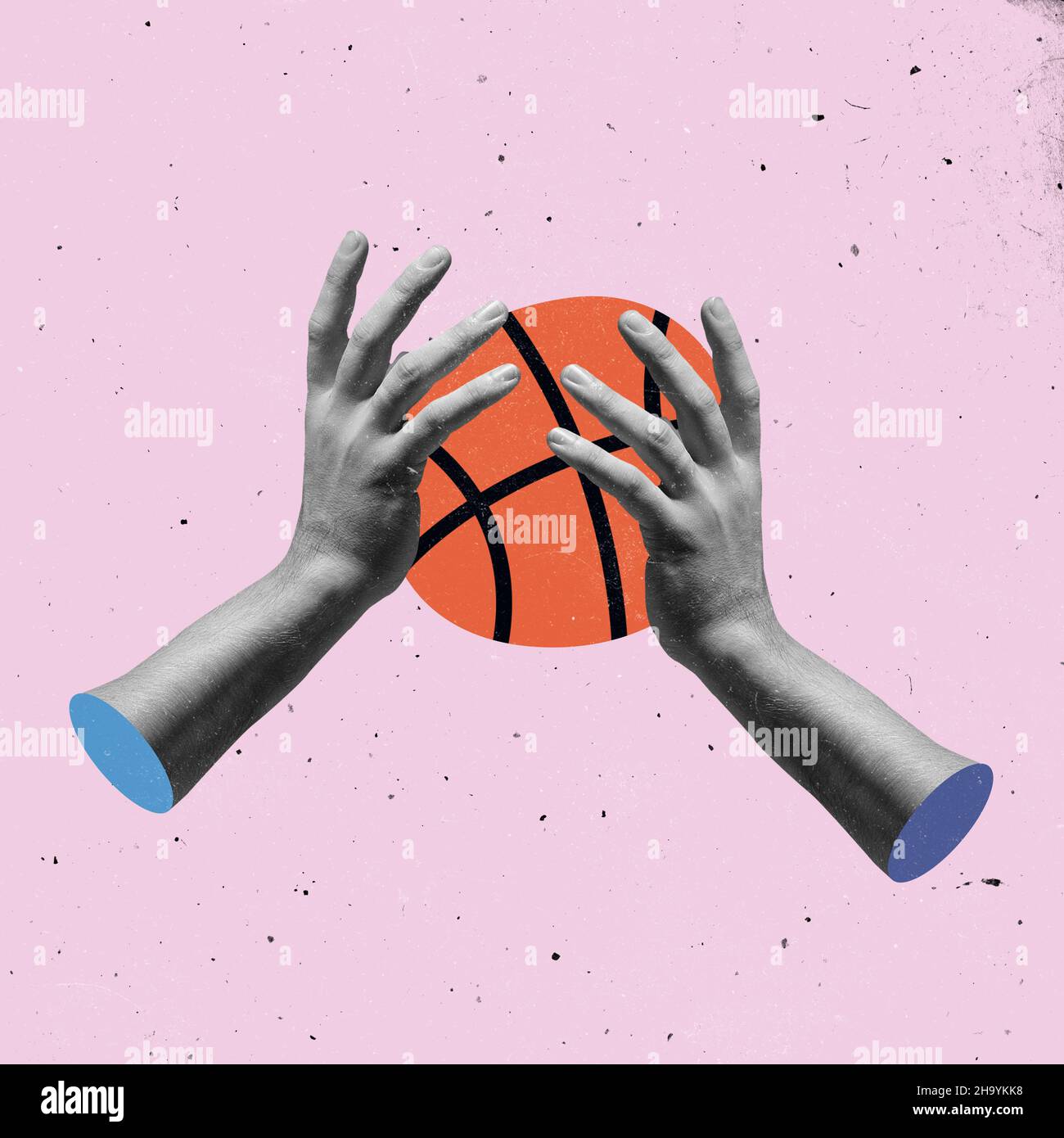 Hands aesthetic holding basketball ball on light background, artwork