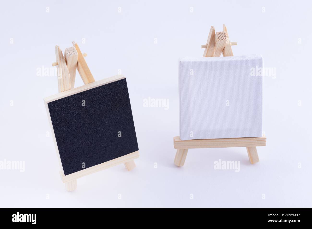 Two Wooden Easels Miniature with Blank Black and White Square Canvas