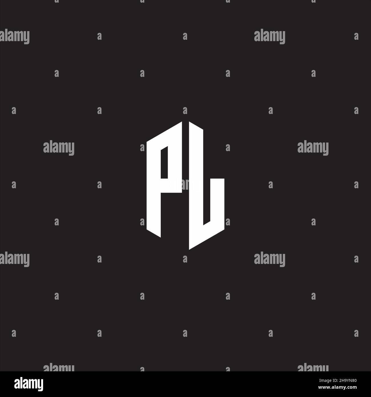 PL Logo monogram with hexagon shape style design template isolated on black background Stock Vector