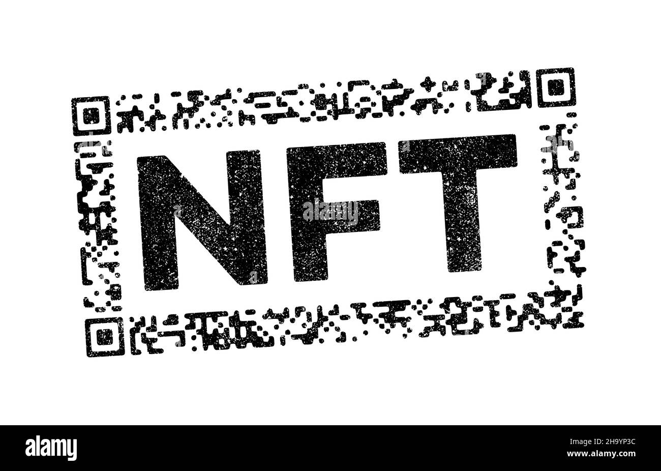 Vector illustration of the acronym NFT (Non-Fungible Token) in black ink stamp with an QR Code frame Stock Vector