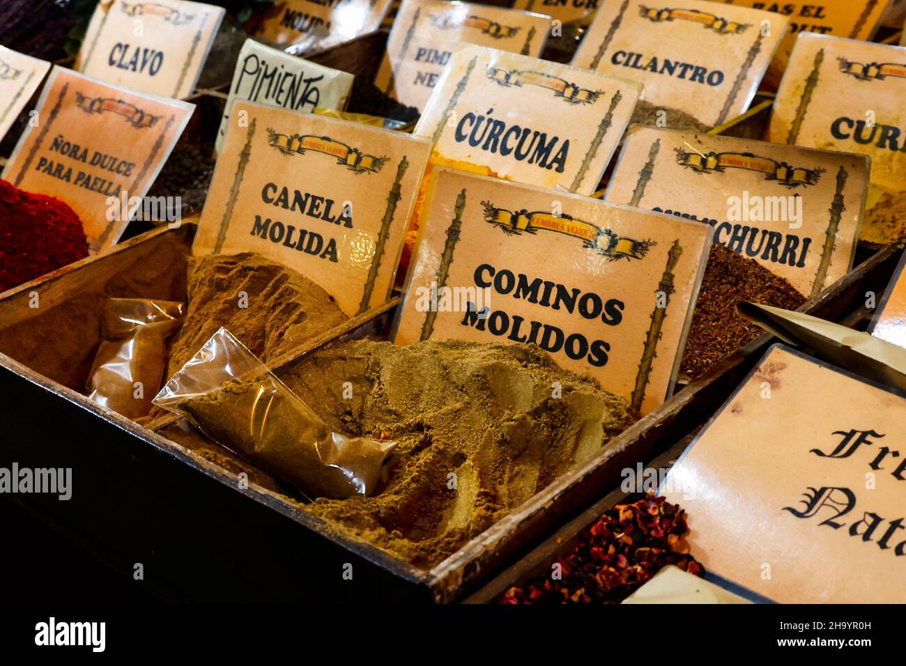 Spices for sale on a market stall in Vic, Catalonia, Spain Stock Photo