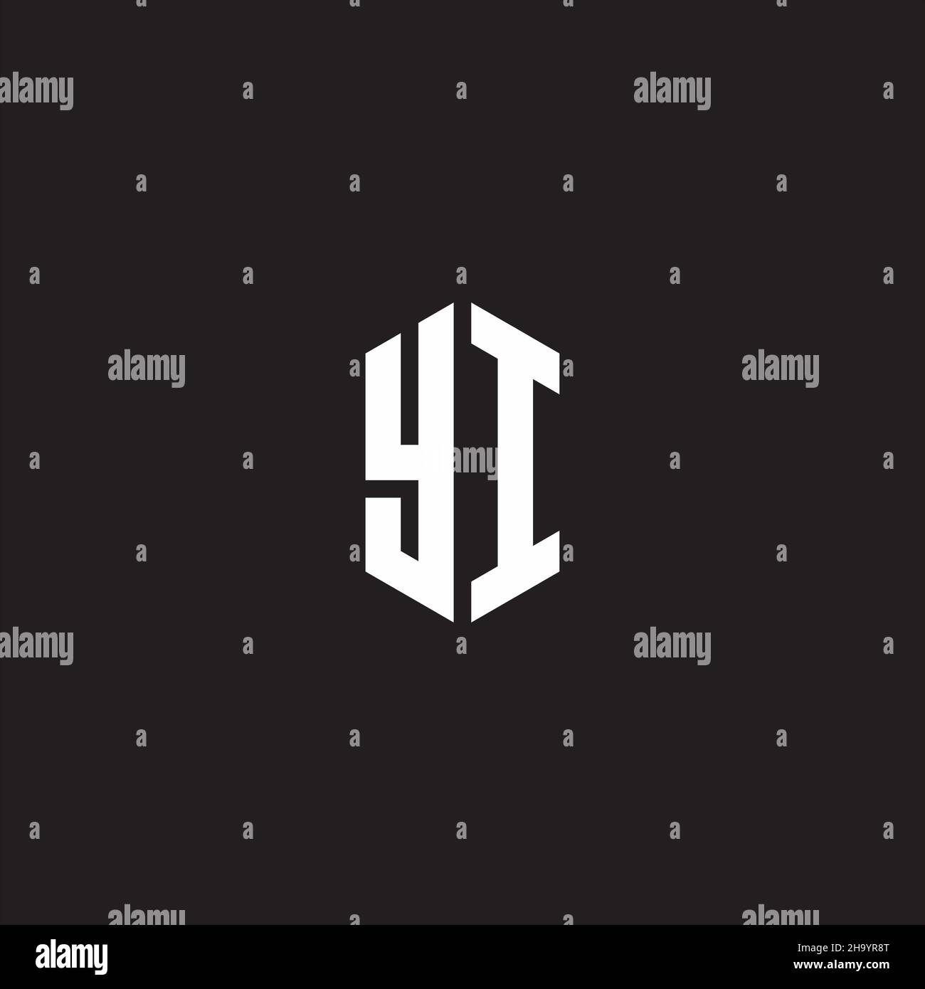 YI Logo monogram with hexagon shape style design template isolated on black background Stock Vector