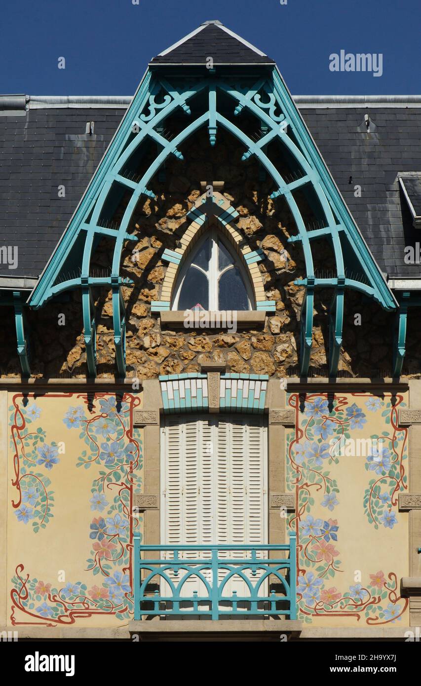 Detail of the Villa Les Clématites designed by French Art Nouveau architect César Pain (1907) in Nancy, France. Stock Photo