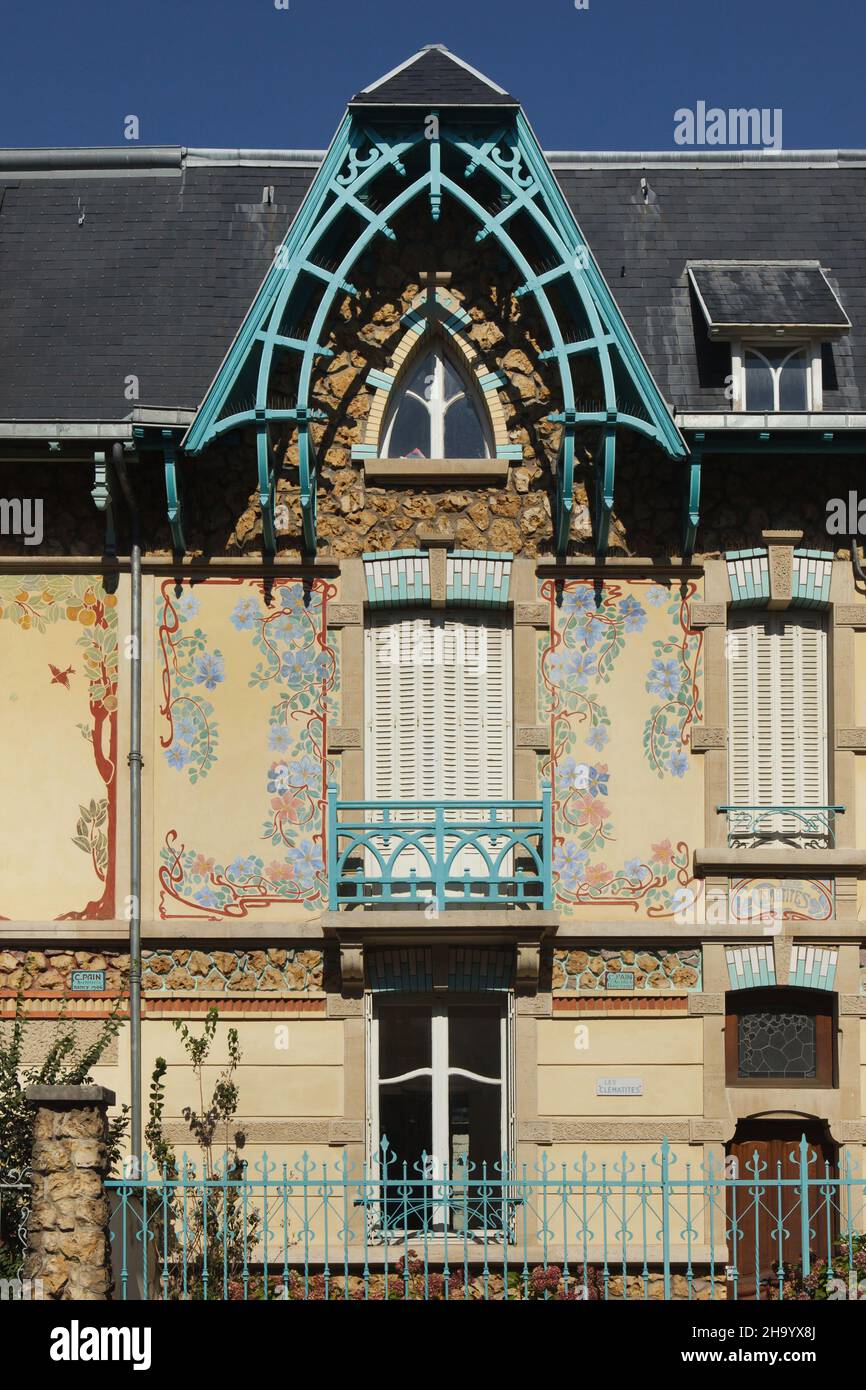 Detail of the Villa Les Clématites designed by French Art Nouveau architect César Pain (1907) in Nancy, France. Stock Photo