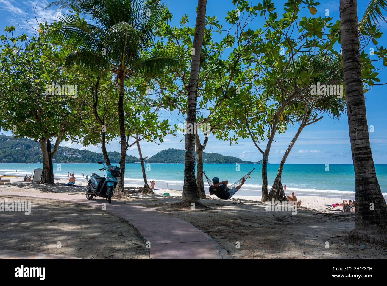 Patong beach in November 2021 suring the Covid-19 pandemic. Normally is one of the busiest in Phuket, Thailand. Stock Photo