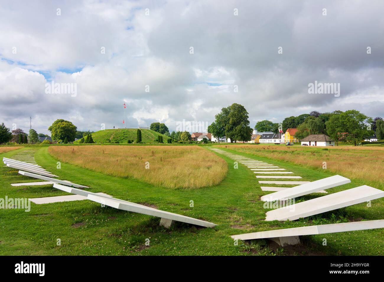 Vejle: white plates in the floor make the position of a ship's settlement visible, in Jelling, Jylland, Jutland, Denmark Stock Photo