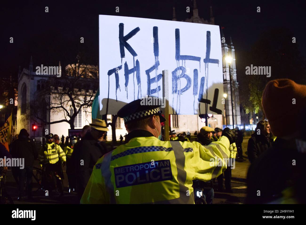 London, UK. 8th December 2021. Kill The Bill demonstrators gathered outside the Houses of Parliament in protest against the Police, Crime, Sentencing and Courts Bill. Stock Photo