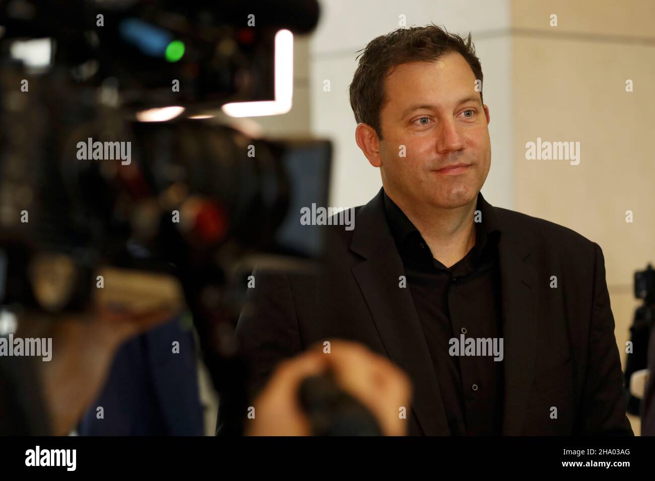 Berlin, Germany, December 8, 2021. Lars Klingbeil during an interview in the German Bundestag on the occasion of the election of Olaf Scholz. Stock Photo